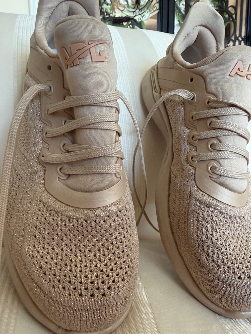 Gold sparkle APL TechLoom Knit Sneaker in Taupe